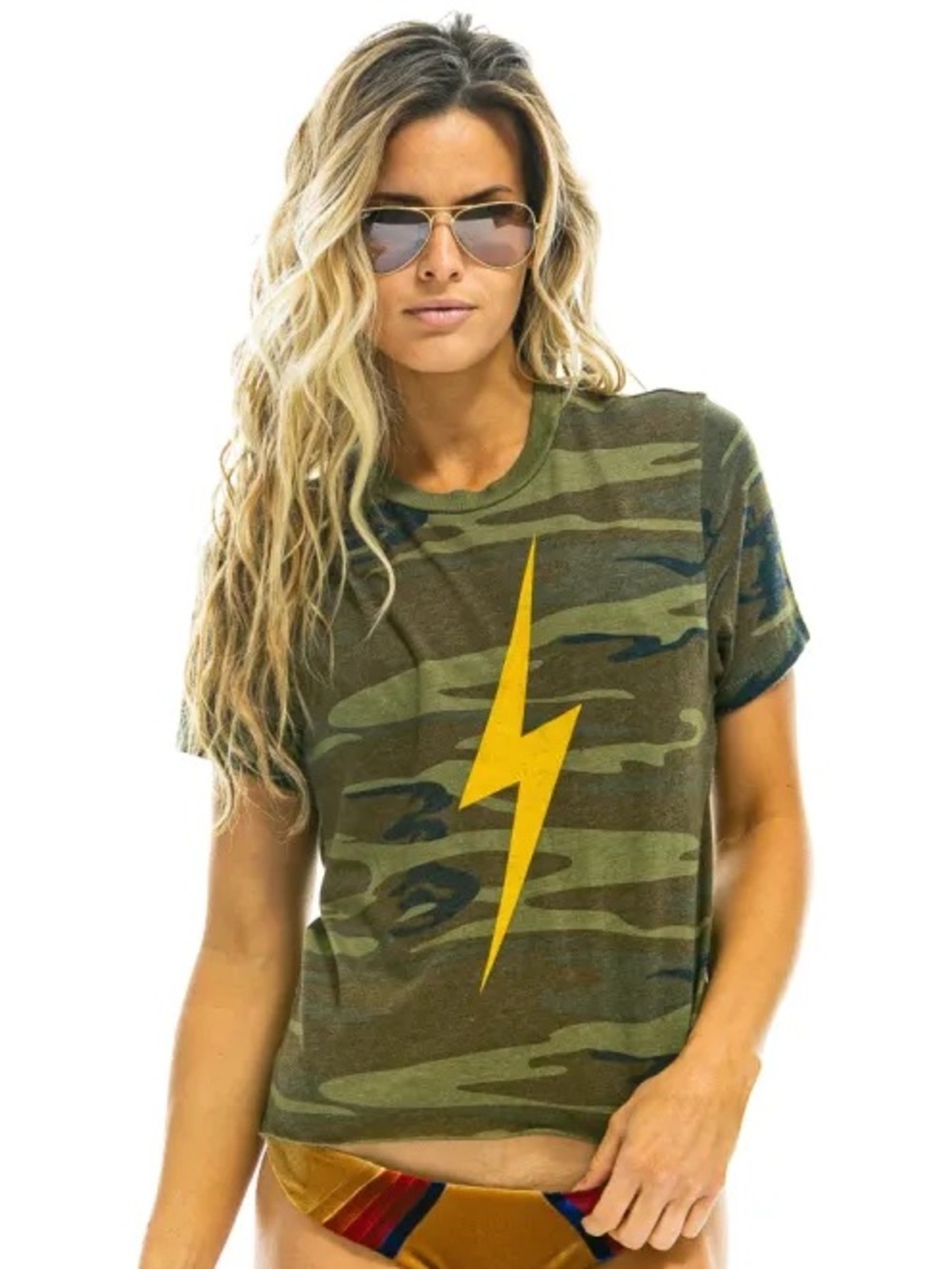Aviator Nation Camo Tee with Yellow Lightning Bolt